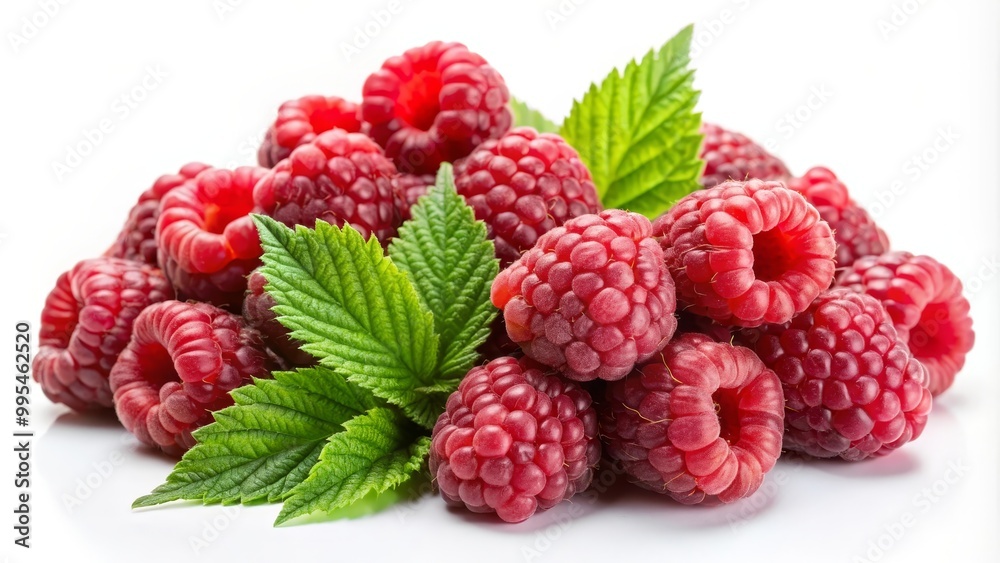 Heap of perfect raspberries with leaves is lying on a white background
