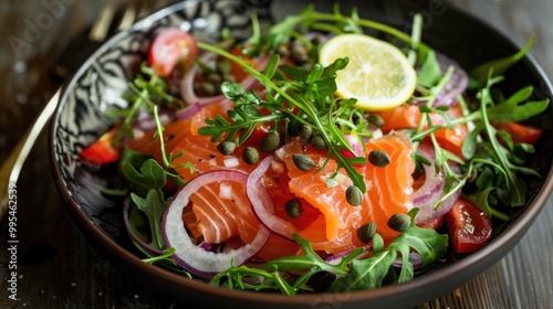 Smoked salmon salad with onion capers lemon arugula and rocket