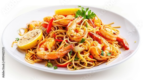 Seasoned Spicy Lemon Shrimp Noodles on White Background