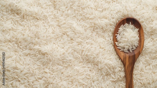 Organic white rice grains and wooden spoon on raw rice backdrop