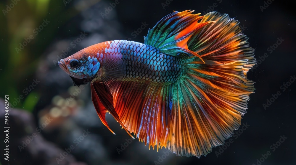 Multicolored Betta Fish on Black Background