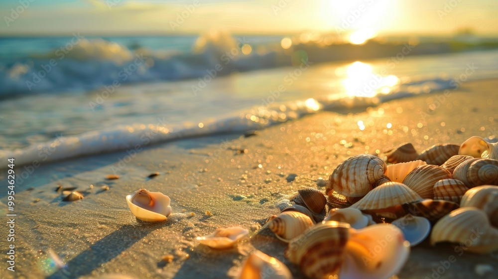 Seashells scattered on beach landscape Seashells scattered on beach landscape
