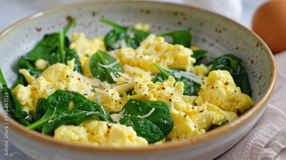 Scrambled eggs and spinach with fresh white cheese Scrambled eggs and spinach with fresh white cheese