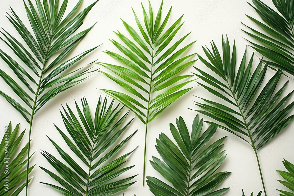 Fototapeta premium Lush Green Palm Fronds Arranged on a White Background