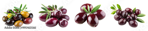 Assorted Olive Varieties with Leaves Isolated on White Background