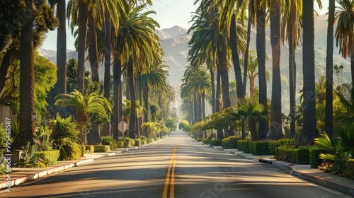 Road lined with palm trees photo