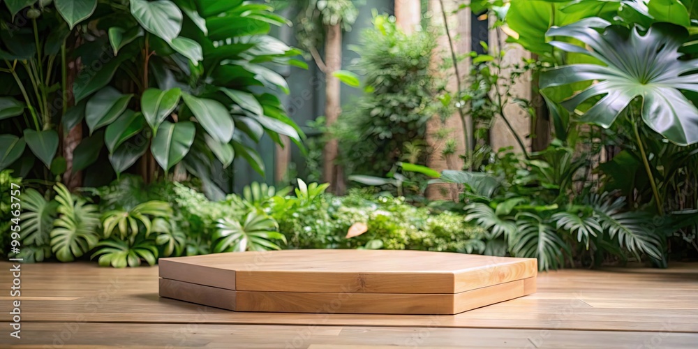 Modern wooden tray in a lush green garden setting. Modern wooden tray in a lush green garden setting.