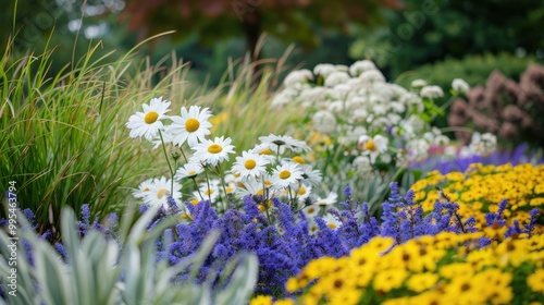 Park with white and yellow perennial plants in yellow blue purple and white dry composition photo