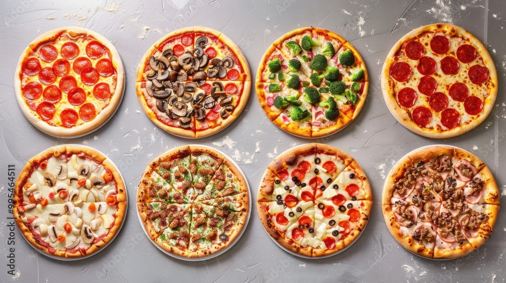 Pizza toppings arranged flat on gray table Pizza toppings arranged flat on gray table