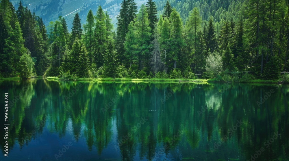 Reflection of green forest in blue river during summer Reflection of green forest in blue river during summer