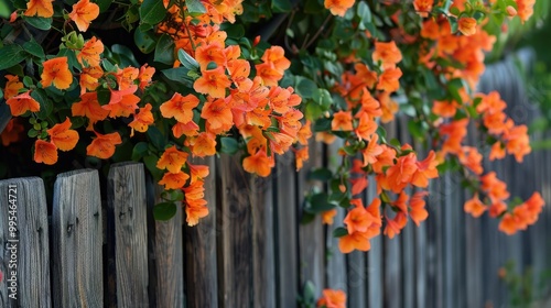 Orange Pyrostegia venusta flowers cascading over Spanish garden fence photo