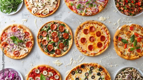 Pizza toppings arranged flat on gray table