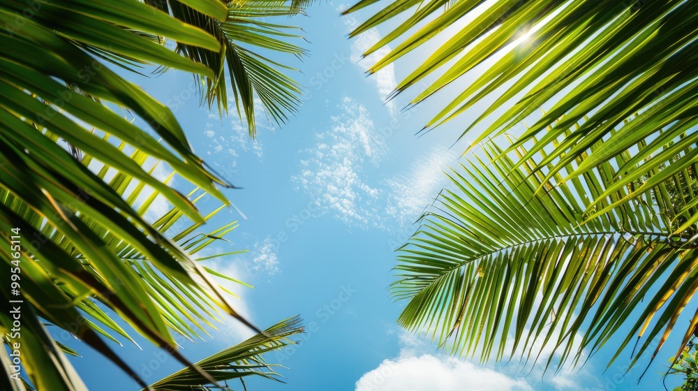 Fototapeta premium Palm leaves in Raja Ampat against a blue sky