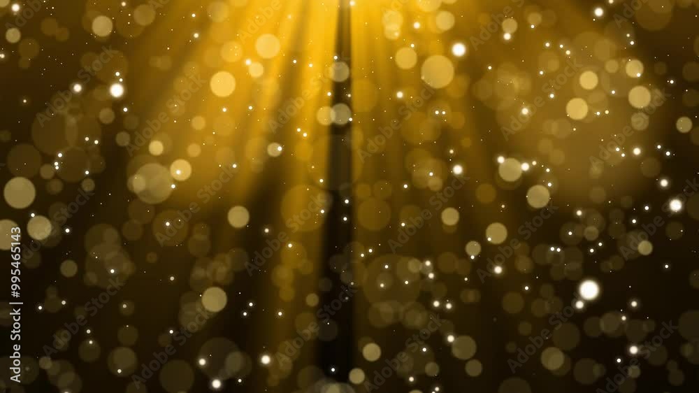 Yellow background with particles and light rays. Seamless loop.