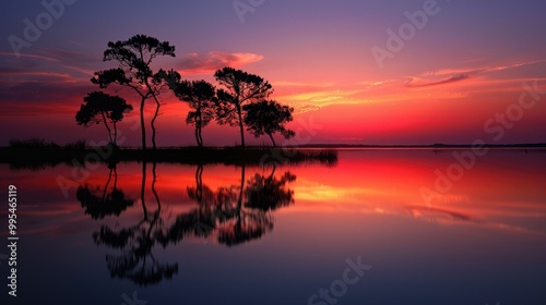 Scenic sunset with tree silhouettes on water s edge