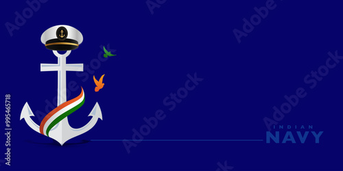 Indian Navy Day celebration poster, Navy Day creative advertising social media post banner design background. Navy officer cap, Anchor, and Indian flag on isolated vector illustration