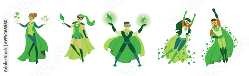 Eco Superhero Man and Woman Character in Green Cloak and Mask Vector Set