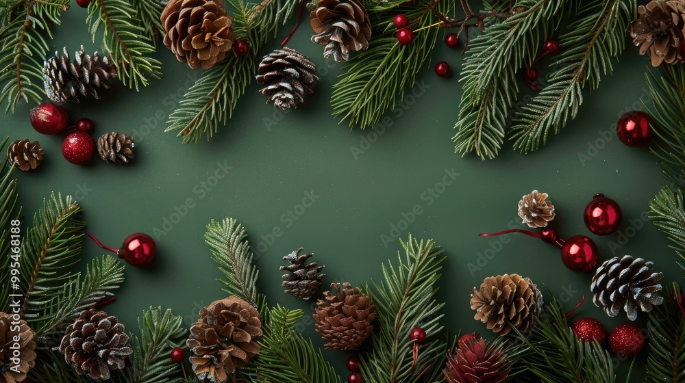 Holiday decorations and pine tree boughs on a green backdrop