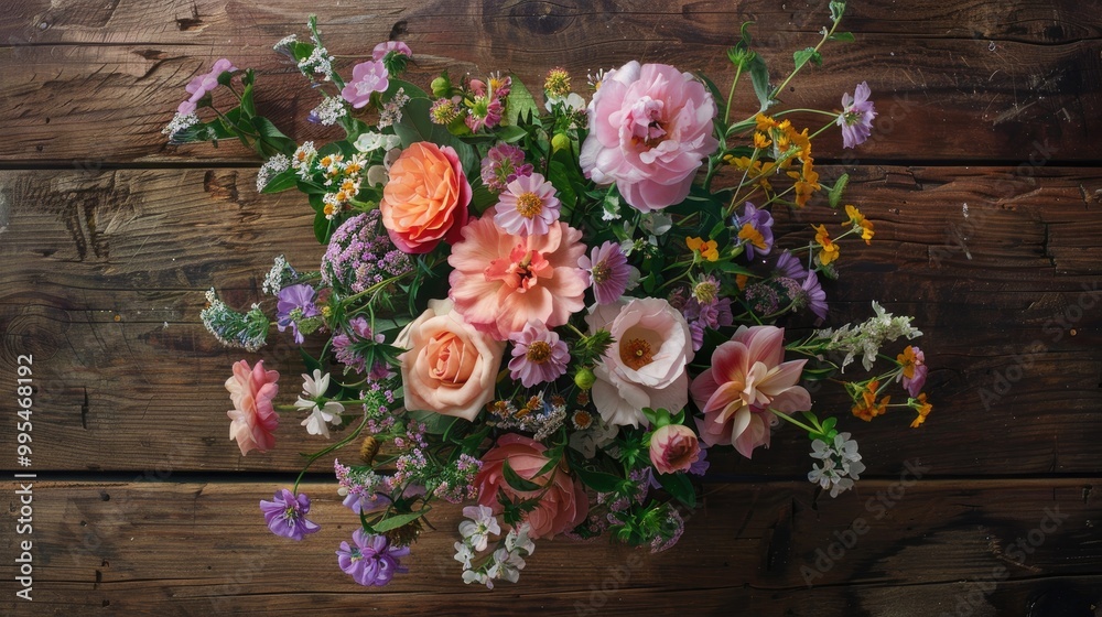 Pastel flower arrangement from above on wooden surface