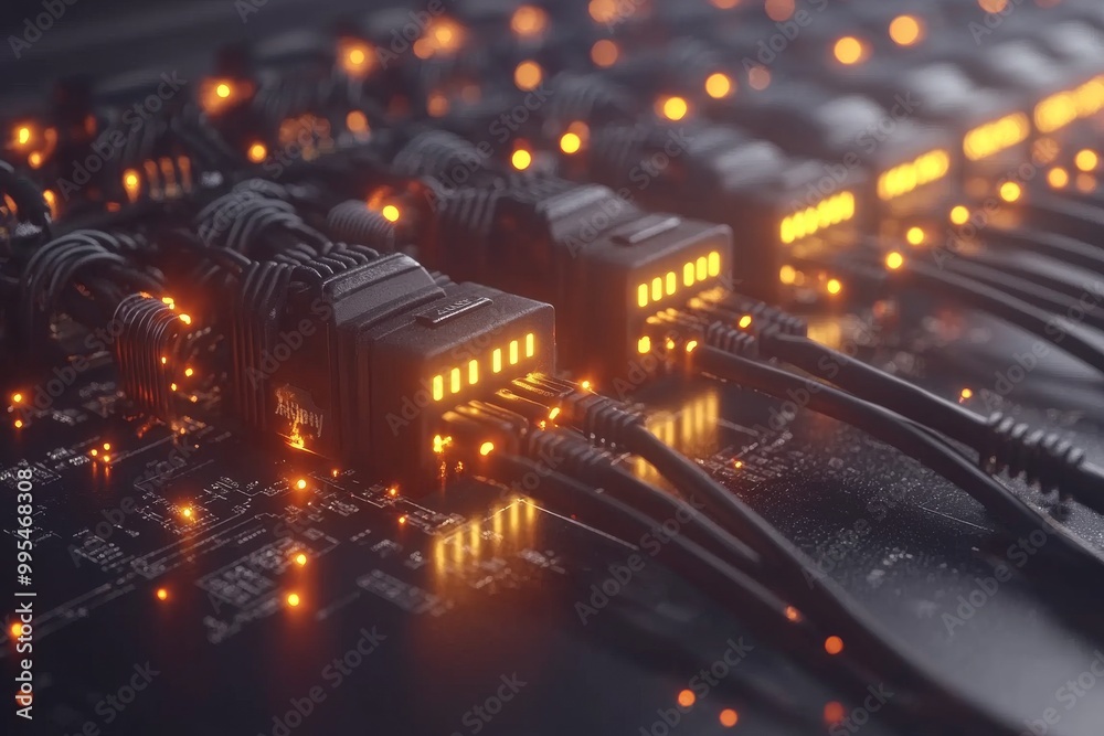 Obraz premium Glowing orange cables connected to a motherboard symbolizing fast data transmission secure connectivity and advanced telecommunication infrastructure