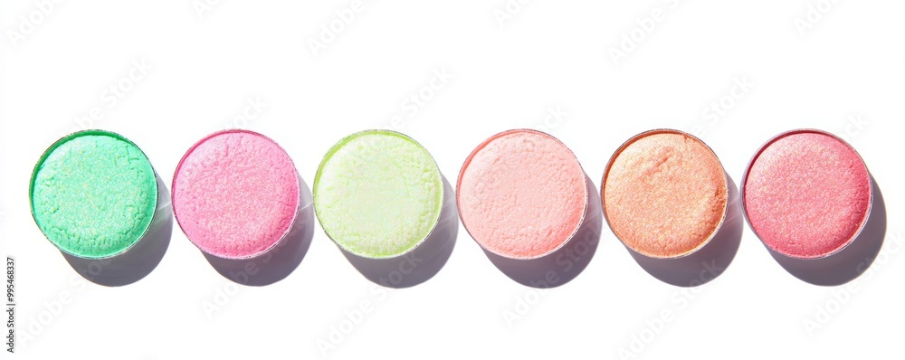 A gradient of iridescent highlighter swatches, blending from soft opal to mint green, with an ethereal, glowing finish. A gradient of iridescent highlighter swatches, blending from soft opal to mint green, with an ethereal, glowing finish.