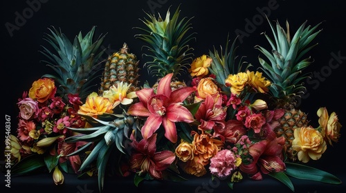 Photographing natural pineapples and flowers photo