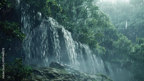 Rainwater streaming at waterfall s bottom in the monsoon