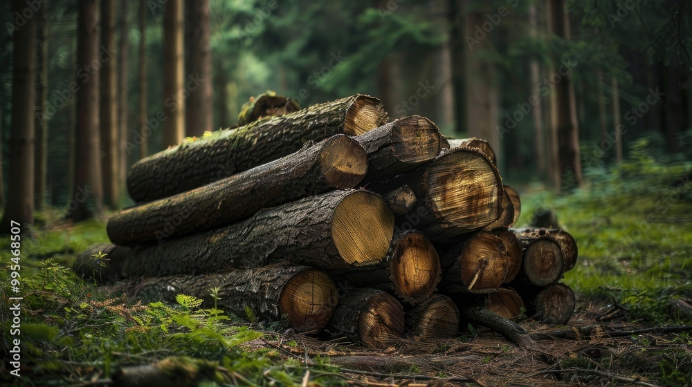 Pile of stacked pine logs in the forest Pile of stacked pine logs in the forest
