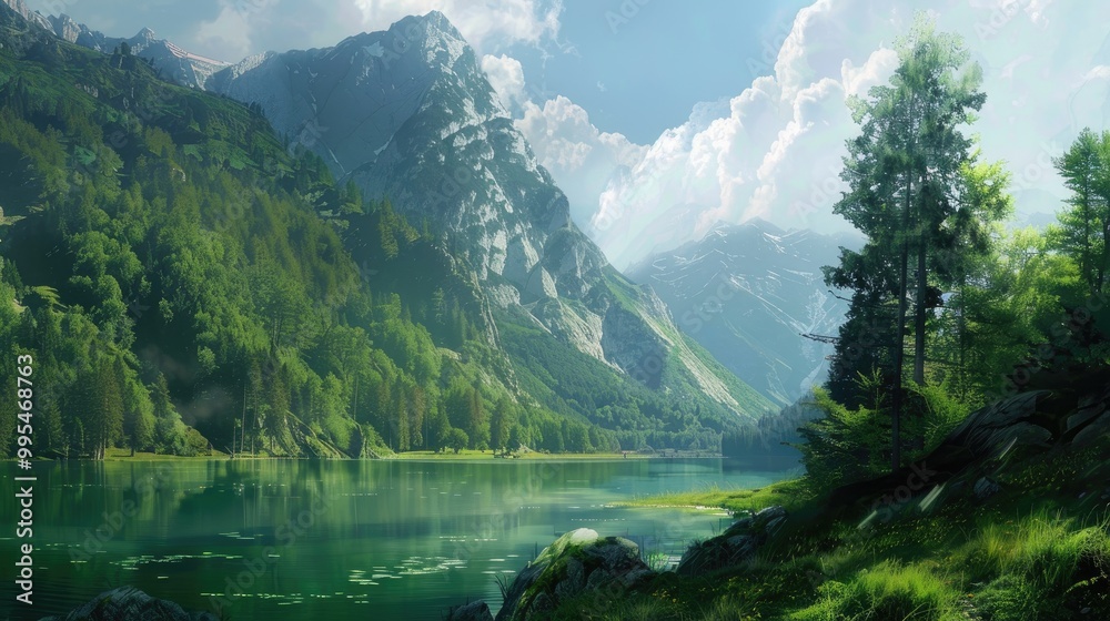 Fototapeta premium Mountainous Green Lake Scenery