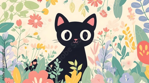 Charming Black Cat in Colorful Floral Garden