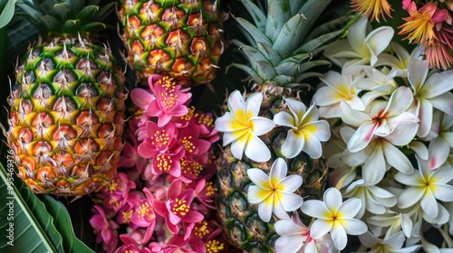 Photographing natural pineapples and flowers photo