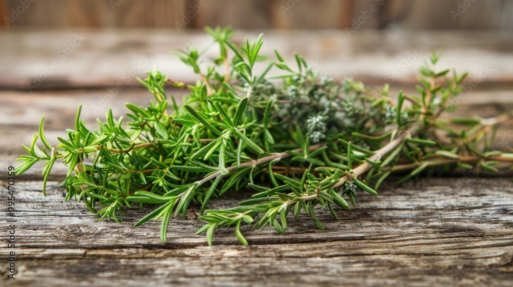 Rosemary and thyme on a wood backdrop Rosemary and thyme on a wood backdrop