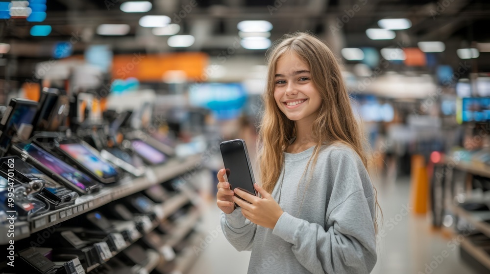Happy Teen Girl Holding Smartphone in Store Happy Teen Girl Holding Smartphone in Store