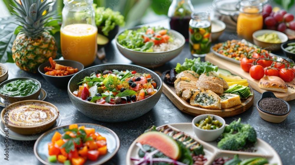 Plant based meal spread on a gray table Plant based meal spread on a gray table