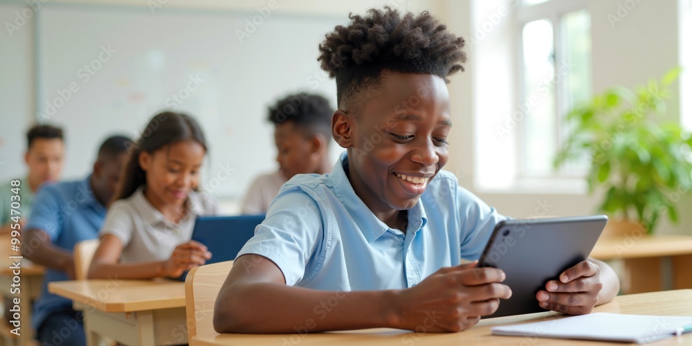 Fototapeta premium African American Male School Student Engaging in Fun Tablet Learning Session During Class