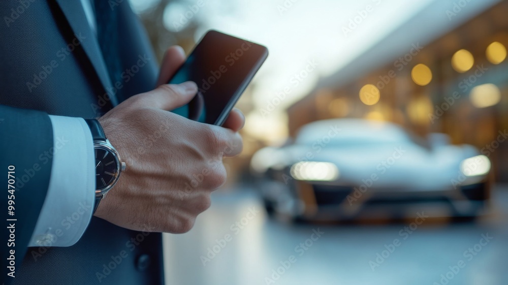 Businessman with Smartphone and Luxury Car in Background Businessman with Smartphone and Luxury Car in Background