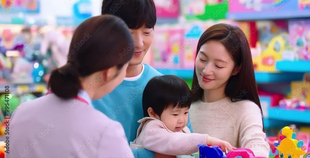 A joyful Korean family outing to the toy store, where loving parents buy toys for their smiling toddler. The warmth and affection shared create lasting memories of happiness and togetherness