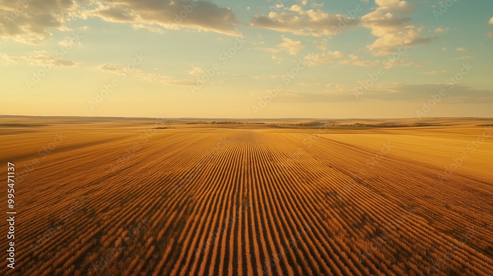 Naklejka premium A vast agricultural field illuminated by the golden tones of the sunset, with a clear blue sky and scattered clouds.