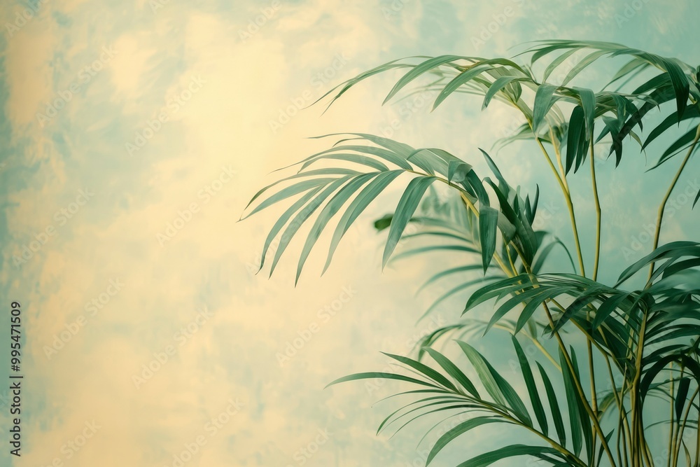 Lush Green Palm Leaves Against a Light Blue and Yellow Background Lush Green Palm Leaves Against a Light Blue and Yellow Background