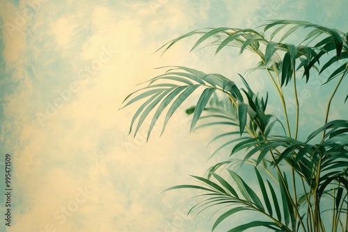 Lush Green Palm Leaves Against a Light Blue and Yellow Background