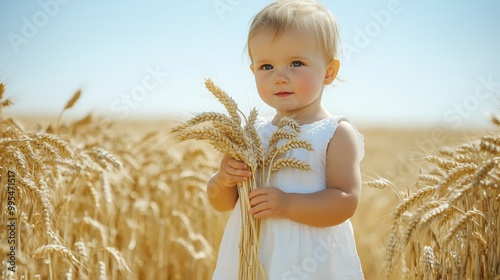 A small child in a white dress standing in a golden wheat field while holding and examining wheat stalks.