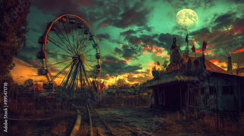 Wallpaper Mural Abandoned carnival with spooky rides, under a harvest moon and a sky ablaze with green, purple, and orange-tinted clouds Torontodigital.ca