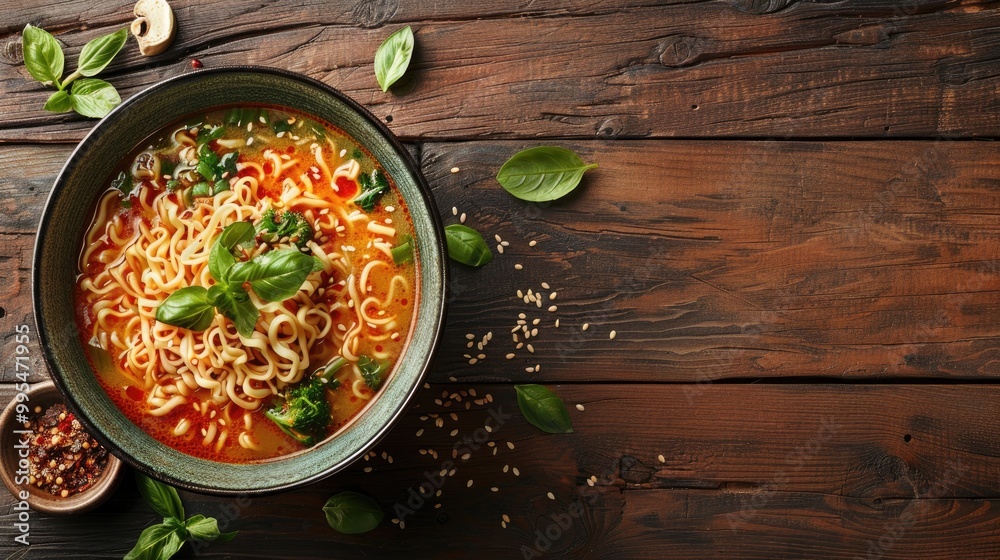Noodle soup on wooden table in rustic style top view with space for text Noodle soup on wooden table in rustic style top view with space for text