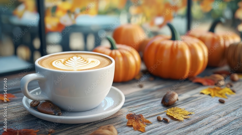 Coffee cup with latte art and pumpkins on wooden table with autumn leaves. Coffee cup with latte art and pumpkins on wooden table with autumn leaves.