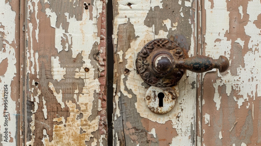 Old door handle with rusting lock on traditional door against peeling paint and wooden backdrop Old door handle with rusting lock on traditional door against peeling paint and wooden backdrop