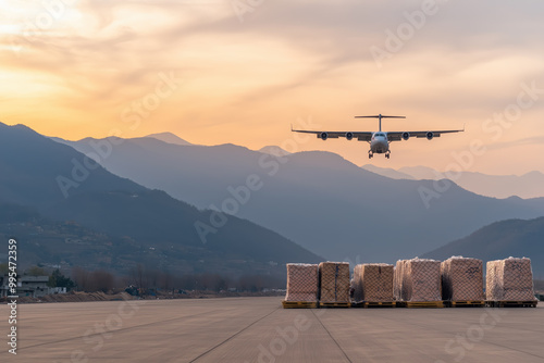 Cargo airplane landing on a runway at sunset with pallets of goods awaiting loading, air freight logistics