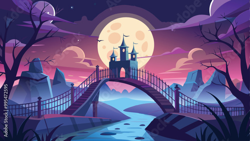 Print Full Moon Shining Over Haunted Bridge Halloween Background Vector Illustration with Eerie Night Sky and Spooky Atmosphere