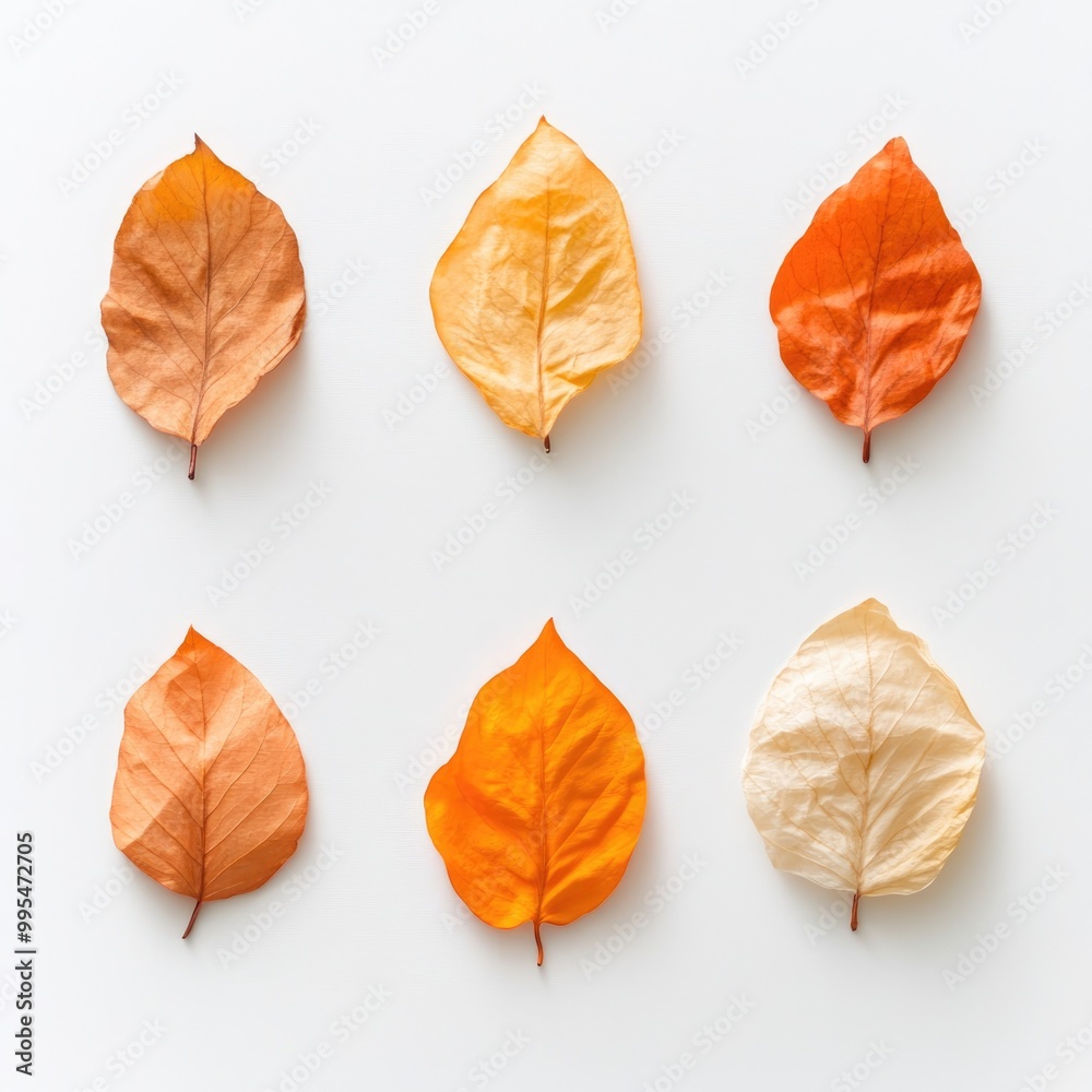 Obraz premium Autumn Themed Design: Six Gently Crumpled Leaves on White Background for Seasonal Decoration and Art