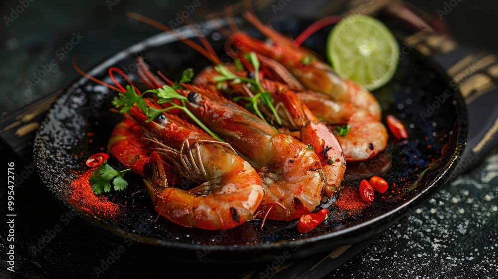 River shrimp grilled on a dark dish River shrimp grilled on a dark dish