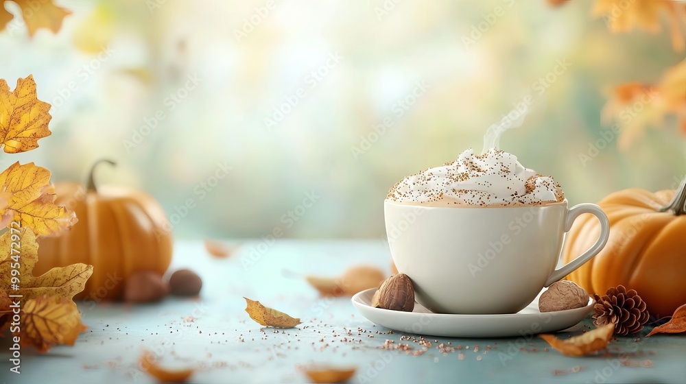 Cozy autumn beverage with whipped cream and pumpkin decorations on a tranquil setting. Cozy autumn beverage with whipped cream and pumpkin decorations on a tranquil setting.